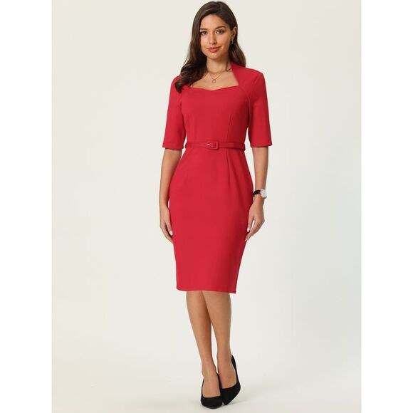 Women's Church Sheath Dresses with Belt Sweetheart Neck Formal Pencil Dress Red - Picture 2 of 6
